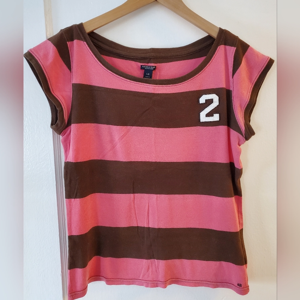 Vintage American Eagle Outfitters pink/brown striped cap sleeve tee womens L